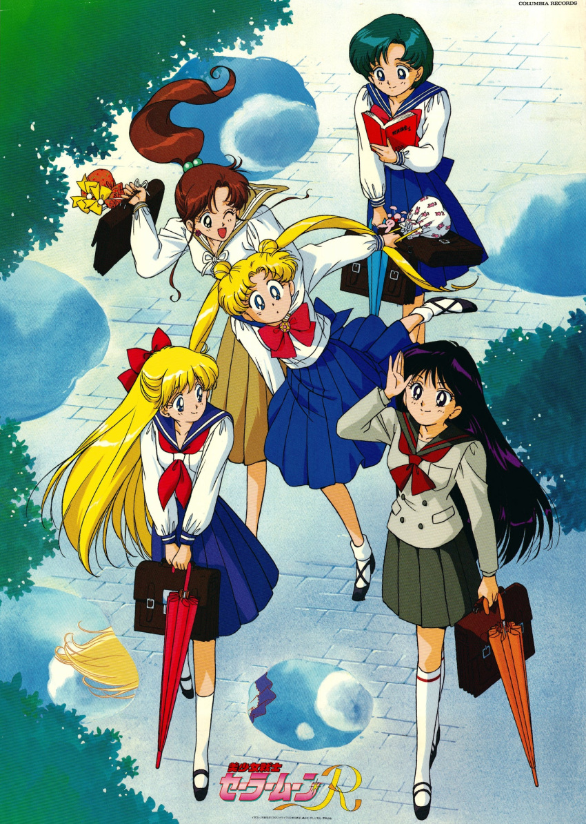 1990s_(style) 5girls aino_minako bangs beige_skirt bishoujo_senshi_sailor_moon black_eyes black_footwear black_hair blonde_hair blue_eyes blue_hair blue_skirt blue_umbrella book bow briefcase brooch brown_hair closed_umbrella company_name double_bun eyebrows_visible_through_hair floating_hair from_above grey_skirt hair_bobbles hair_bow hair_ornament high_ponytail highres hino_rei holding holding_book holding_briefcase holding_umbrella jewelry juuban_middle_school_uniform kino_makoto kino_makoto's_school_uniform kneehighs logo long_hair long_skirt long_sleeves mary_janes mizuno_ami multiple_girls neckerchief non-web_source official_art one_eye_closed open_mouth orange_umbrella outdoors pleated_skirt puddle reading red_umbrella reflection retro_artstyle scan school_briefcase school_uniform serafuku shiba_koen_middle_school_uniform shoes short_hair skirt smile ta_girls_school_uniform tripping tsukino_usagi twintails umbrella v_arms walking white_legwear