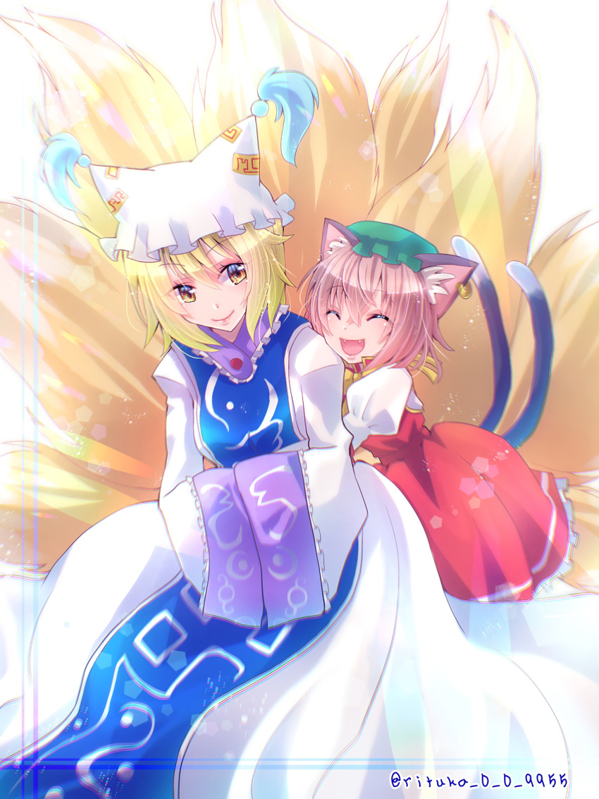 2girls animal_ears blonde_hair blush brown_hair cat_ears cat_tail chen closed_eyes dress earrings fox_tail hands_in_opposite_sleeves hat highres hug jewelry long_sleeves looking_at_viewer multiple_girls multiple_tails open_mouth pillow_hat ritsuka_(rituka) short_hair single_earring smile tabard tail tassel touhou vest white_dress wide_sleeves yakumo_ran yellow_eyes