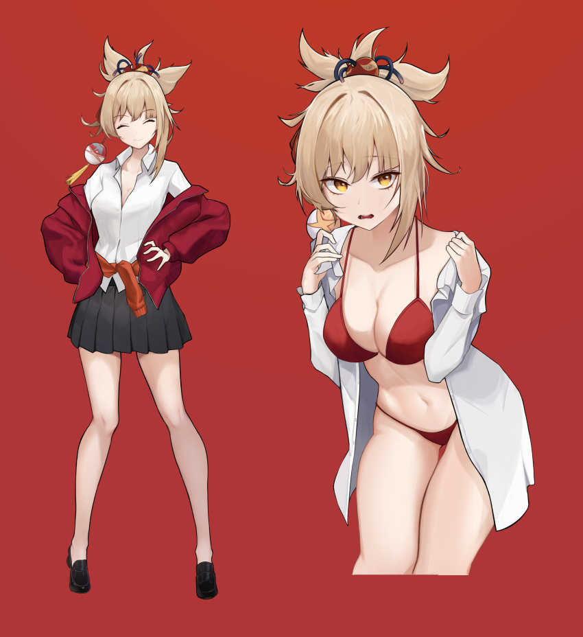 1girl absurdres alternate_costume bare_legs bikini black_skirt blonde_hair breasts cleavage closed_eyes closed_mouth collared_shirt cropped_legs dress_shirt embarrassed full_body genshin_impact hands_on_hips highres jacket large_breasts leaning_forward loafers long_hair long_sleeves looking_at_viewer miniskirt multiple_views navel off_shoulder open_clothes open_jacket open_mouth open_shirt pleated_skirt ponytail red_background red_bikini red_jacket shirt shoes simple_background skirt smile soriham standing stomach strap_gap string_bikini swimsuit thighs wavy_mouth white_shirt yellow_eyes yoimiya_(genshin_impact)