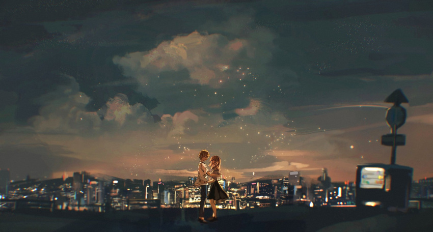 1boy 1girl black_dress blue_pants brown_eyes brown_hair city city_lights cloud cloudy_sky dress full_body highres looking_at_another luke_pearce_(tears_of_themis) night night_sky outdoors pants rosa_(tears_of_themis) shirt short_hair short_sleeves sky standing star_(sky) starry_sky tears_of_themis vending_machine white_shirt xiachuantong233