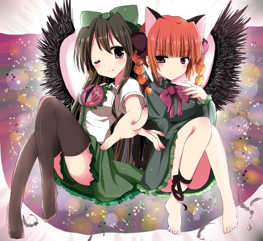 2girls animal_ears barefoot black_hair black_legwear blush bow braid brown_hair cape cat_ears cat_tail feet hair_bow hands kaenbyou_rin long_hair multiple_girls one_eye_closed ramudia_(lamyun) red_eyes red_hair reiuji_utsuho ribbon skirt smile tail thighhighs touhou twin_braids wings