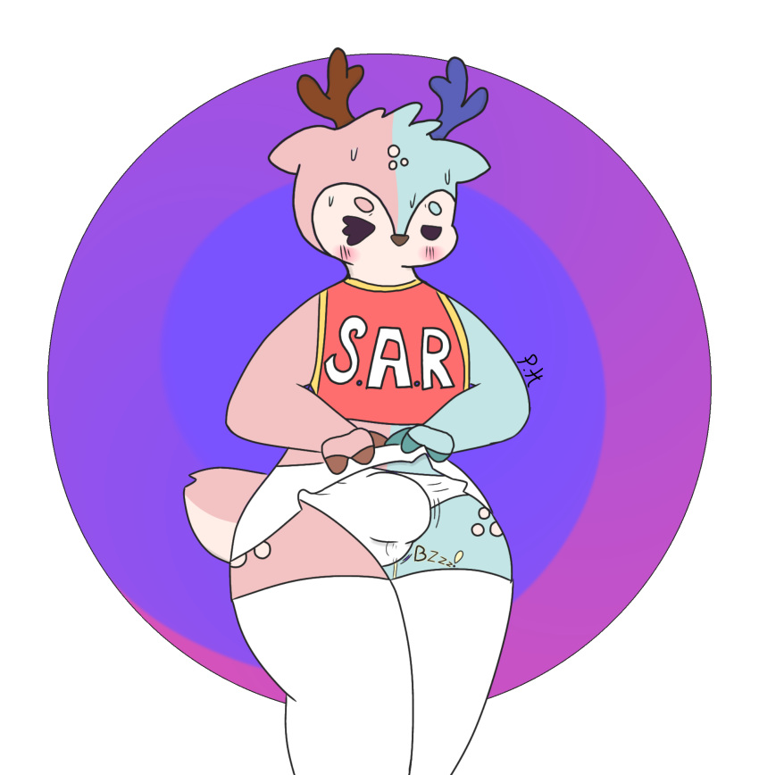 anthro antlers blush bodily_fluids cervid cheerleader_outfit clothed clothing digital_media_(artwork) erection fluffy fluffy_tail fur hair hi_res horn legwear male mammal panties phant0mhat sex_toy solo super_animal_royale sweat thigh_highs tight_clothing underwear vibrator video_games