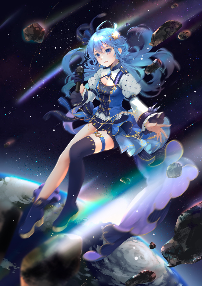 1girl absurdres bangs blue_eyes blue_hair blush comet earth_(planet) full_body gloves hair_ornament hair_ribbon highres hololive hoshimachi_suisei idol juliet_sleeves kamui_(kamuikaoru) long_hair long_sleeves looking_at_viewer mixed-language_commentary open_mouth planet puffy_sleeves ribbon single_glove single_thighhigh solo space star_(symbol) star_hair_ornament star_in_eye symbol_in_eye thigh_strap thighhighs virtual_youtuber