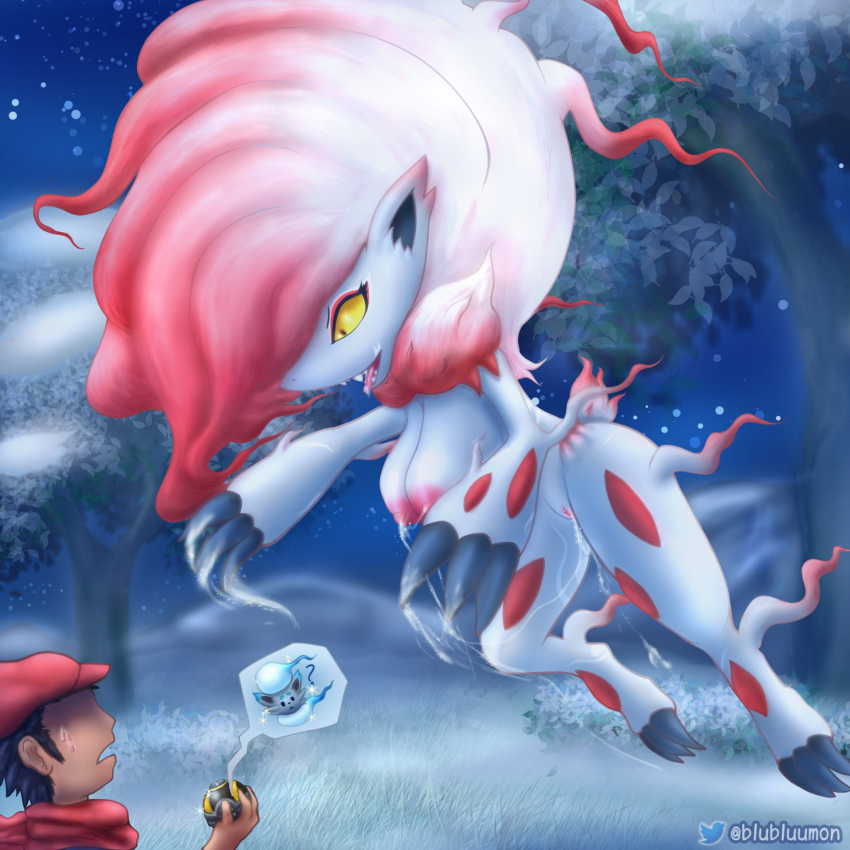 angry anthro blubluumon bodily_fluids breast_milking breasts butt claws confusion fangs female feral forest fur genital_fluids genitals group hair hi_res hisuian_zoroark hisuian_zorua human jumping lactating male mammal milk night nintendo nipples open_mouth pink_body pink_fur pink_hair plant pok&eacute;ball pok&eacute;mon pok&eacute;mon_(species) pok&eacute;mon_trainer pussy pussy_juice red_body red_fur red_hair red_nipples regional_form_(pok&eacute;mon) scared shiny_pok&eacute;mon shrub smile snow spread_arms spread_legs spreading sweat tongue tongue_out tree video_games wet white_body white_fur white_hair yellow_eyes