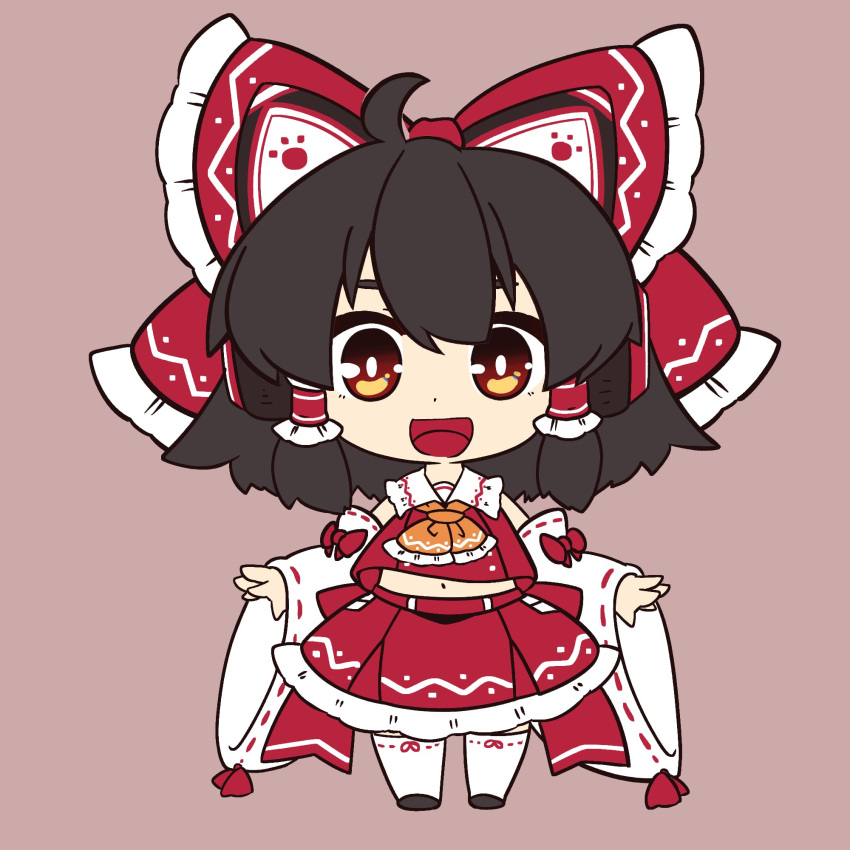 1girl ahoge ascot black_hair blush bow chibi detached_sleeves dnk eyebrows_visible_through_hair frilled_bow frills full_body gradient gradient_background hair_bow hair_tubes hakurei_reimu highres looking_at_viewer midriff navel open_mouth red_bow red_skirt ribbon-trimmed_sleeves ribbon_trim skirt skirt_set smile solo standing touhou wide_sleeves yellow_neckwear