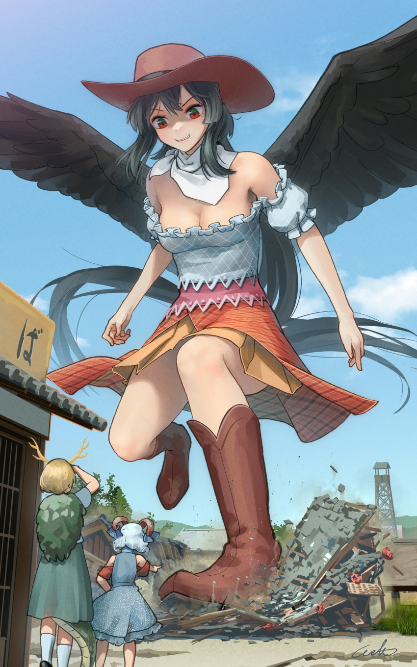 3girls absurdres bandana bare_shoulders black_hair black_wings blonde_hair blue_shirt blue_sky boots breasts brown_footwear brown_headwear cleavage cowboy_hat day destruction dress feathered_wings giant giantess hat highres kicchou_yachie kurokoma_saki long_hair looking_at_viewer miniskirt multiple_girls off-shoulder_shirt off_shoulder outdoors puffy_short_sleeves puffy_sleeves red_eyes shirt short_sleeves skirt sky smile standing touhou toutetsu_yuuma welt_(kinsei_koutenkyoku) wings