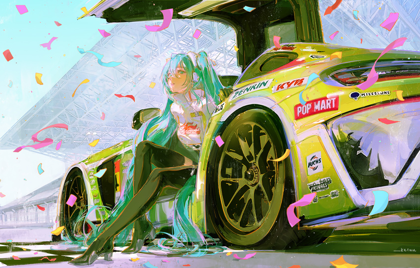 1girl aqua_eyes aqua_hair bangs black_bodysuit black_footwear black_gloves black_legwear bodysuit car checkered_floor clothes_writing confetti crop_top crop_top_overhang day flame_print from_outside from_side gloves goodsmile_racing ground_vehicle hair_between_eyes hatsune_miku headphones high_heels keiuu long_hair looking_at_viewer motor_vehicle outdoors outstretched_leg racing_miku racing_miku_(2022) single_thighhigh sitting sky solo stadium thighhighs turtleneck twintails very_long_hair vocaloid