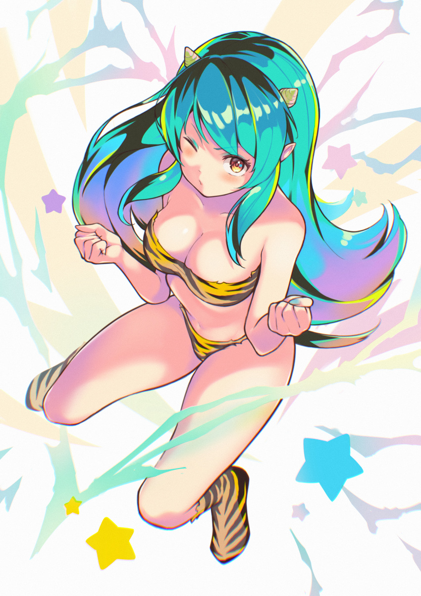 1girl absurdres aqua_hair bangs bare_shoulders bikini boots breasts cleavage clenched_hands electricity from_above full_body green_hair green_nails hands_up heart highres horns itou_kazuki knee_boots long_hair looking_at_viewer looking_up lum navel one_eye_closed oni oni_horns pointy_ears print_bikini puckered_lips red_eyes sidelocks solo star_(symbol) swimsuit tiger_stripes urusei_yatsura very_long_hair white_background yellow_bikini yellow_footwear