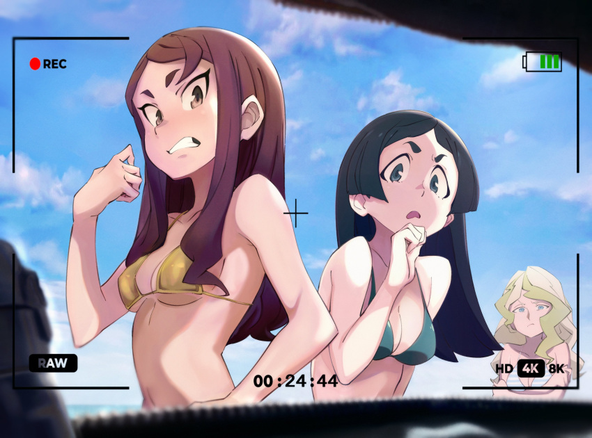 3girls 90millimetri aqua_bikini bangs barbara_parker bare_shoulders bikini black_hair blonde_hair blue_bikini blue_eyes blunt_ends breasts brown_eyes brown_hair cleavage clenched_teeth closed_mouth cloud cloudy_sky collarbone crossed_arms day diana_cavendish frown gold_bikini hand_on_hip hand_on_own_face hand_up hanna_england highres linea_alba little_witch_academia long_hair looking_at_viewer medium_breasts multicolored_bikini multicolored_clothes multiple_girls navel open_mouth parted_bangs short_eyebrows sideboob sidelocks single_sidelock sky straight_hair striped striped_bikini swimsuit symbol-only_commentary teeth thick_eyebrows tsurime underboob upper_body v-shaped_eyebrows viewfinder wavy_hair wavy_mouth white_bikini