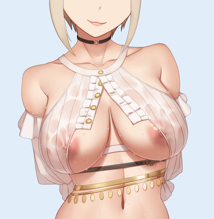 1girl areolae arms_behind_back bare_shoulders belt blonde_hair blue_background breasts center_opening choker closed_mouth collarbone crop_top detached_sleeves facing_viewer frills head_out_of_frame highres idolmaster idolmaster_cinderella_girls idolmaster_cinderella_girls_starlight_stage large_breasts navel nipples partially_unbuttoned qingmingtongzi revealing_clothes see-through shiomi_syuko shirt short_hair smile solo sweat upper_body wet wet_clothes wet_shirt white_shirt