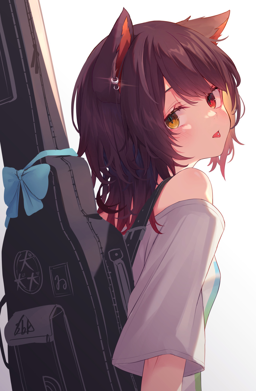 1girl :p absurdres bangs bare_shoulders blue_bow blush bow brown_hair commentary_request double_bun ear_piercing from_behind heterochromia highres instrument_case instrument_on_back inui_toko looking_at_viewer looking_back medium_hair nenehotoso nijisanji off_shoulder piercing red_eyes shirt short_sleeves simple_background solo tongue tongue_out tongue_piercing upper_body virtual_youtuber white_background white_shirt yellow_eyes