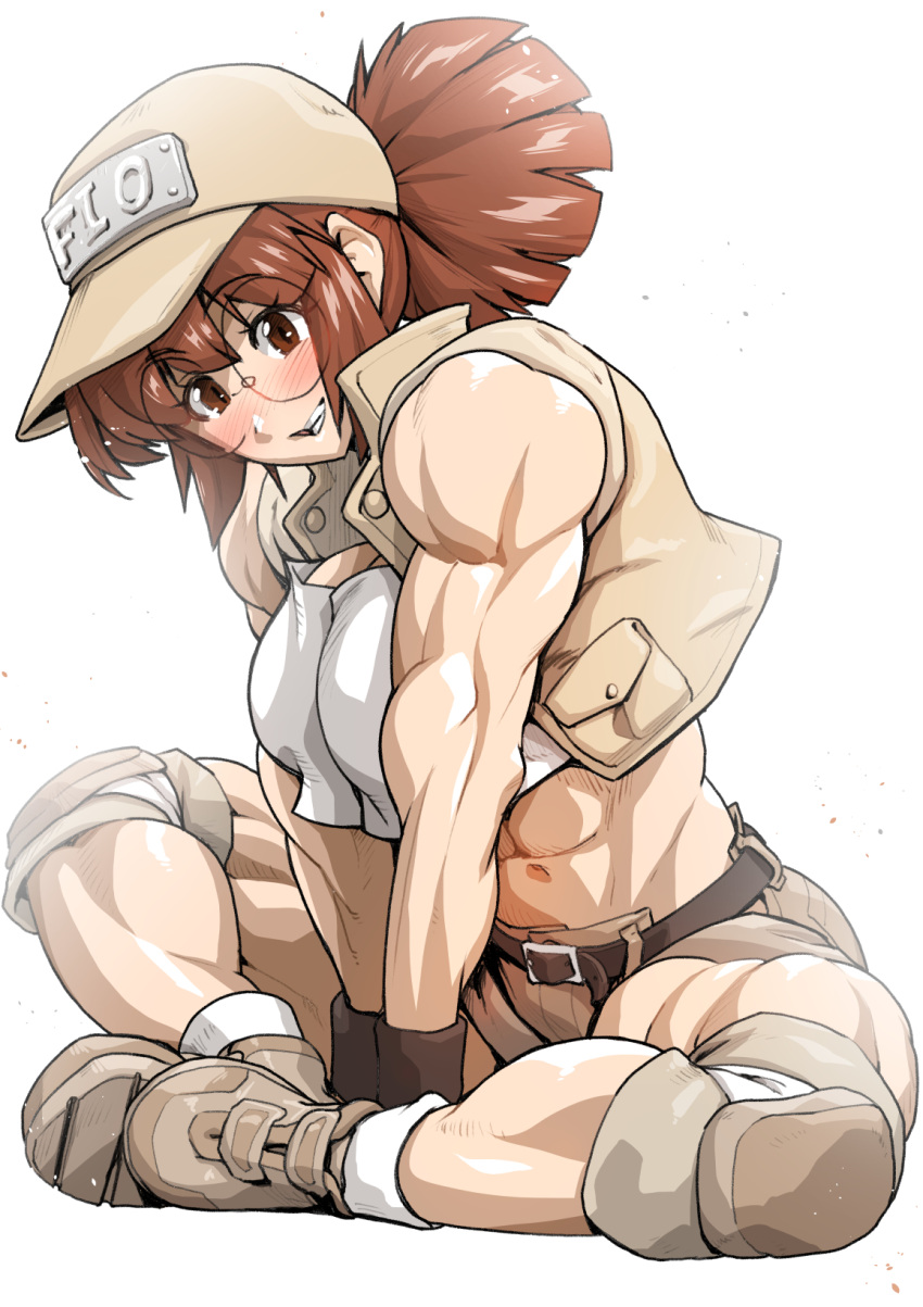 1girl abs baseball_cap breasts crop_top fio_germi glasses hat highres jackasss jacket metal_slug muscular muscular_female navel round_eyewear tank_top vest