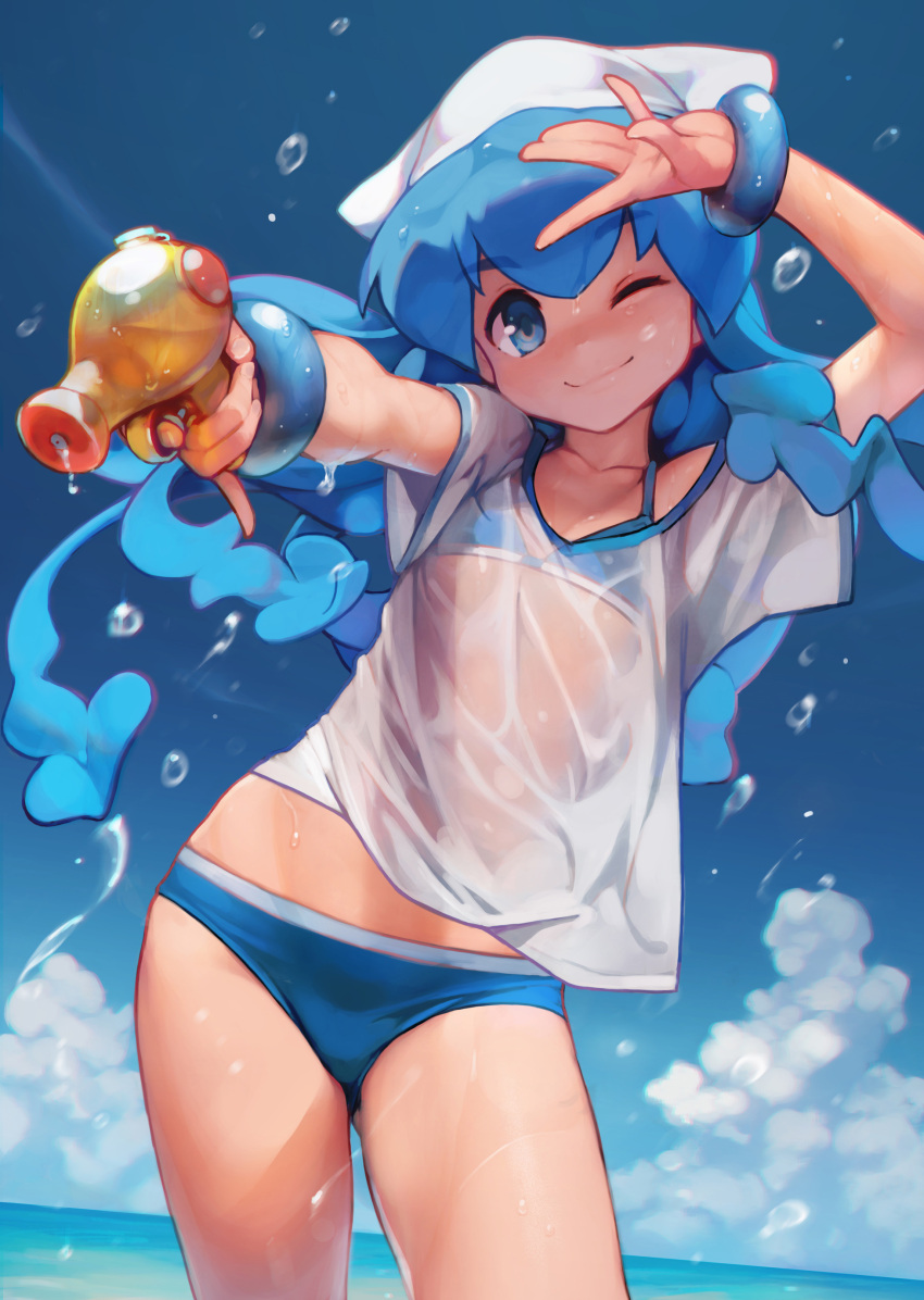 1girl ;) absurdres arm_up armpits ass_visible_through_thighs ataruman bangs beach bikini blue_bikini blue_eyes blue_hair blue_sky bracelet closed_mouth cloud contrapposto cowboy_shot day dutch_angle eyebrows_visible_through_hair flat_chest hands_up hat highres holding horizon ikamusume jewelry long_hair looking_at_viewer one_eye_closed outdoors photoshop_(medium) pinky_out see-through see-through_shirt shinryaku!_ikamusume shirt short_sleeves sky smile solo squid_hat standing swimsuit swimsuit_under_clothes t-shirt tentacle_hair water water_drop water_gun wet wet_clothes wet_shirt white_headwear white_shirt