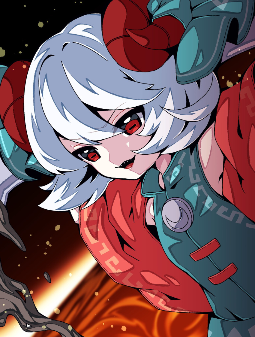 1girl blue_bow blue_dress bow detached_sleeves dress eyebrows_visible_through_hair hair_between_eyes highres horizontal_pupils horn_bow horn_ornament horns oil open_mouth red_eyes red_horns red_sleeves sharp_teeth sheep_horns short_hair solo teeth touhou toutetsu_yuuma white_hair yuka_yukiusa