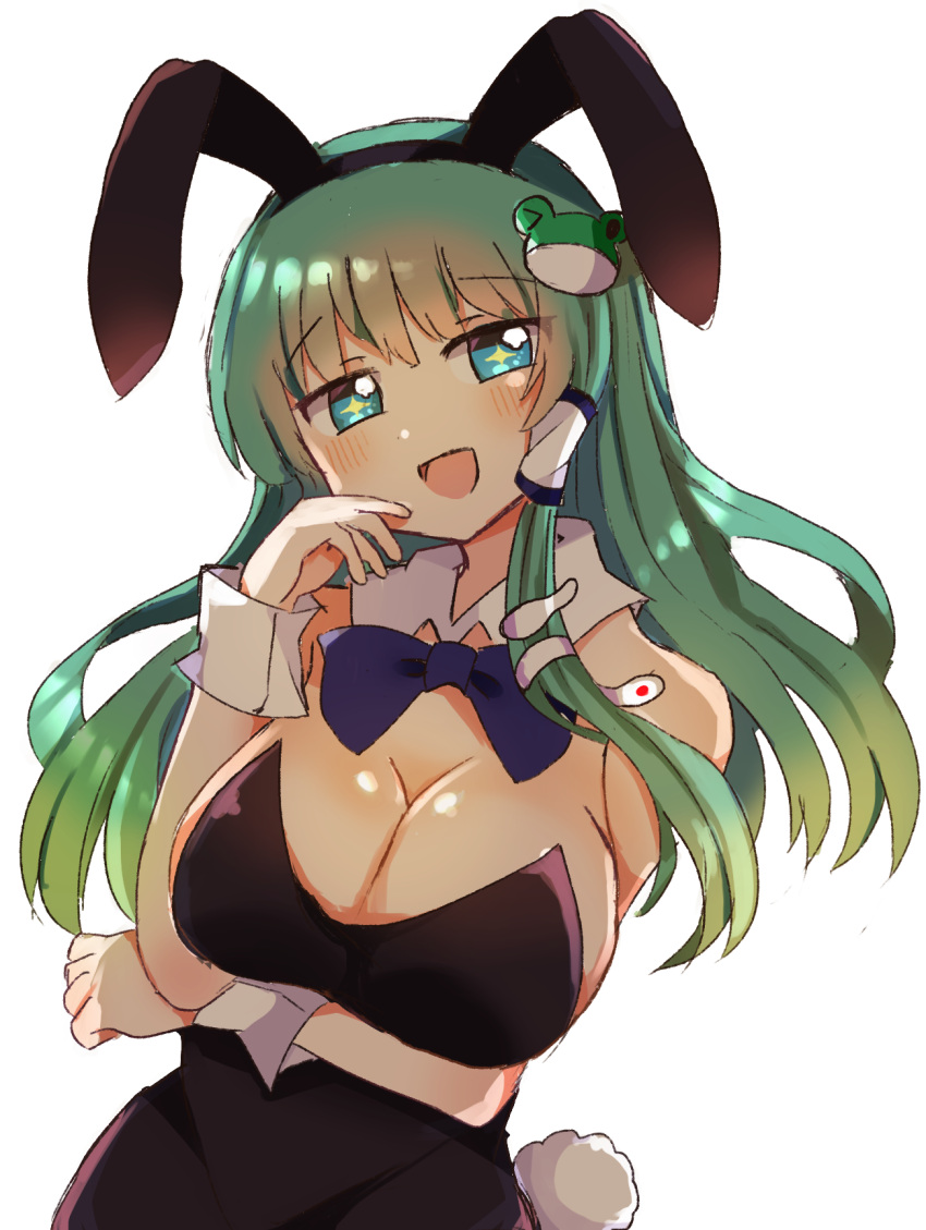 1girl :d alternate_costume animal_ears arm_under_breasts black_leotard bow bowtie breasts covered_navel detached_collar fake_animal_ears fake_tail frog frog_hair_ornament green_eyes green_hair hair_ornament hair_tubes highleg highleg_leotard highres kochiya_sanae large_breasts leotard long_hair open_mouth pantyhose playboy_bunny rabbit_ears rabbit_tail red_bow red_bowtie redrawn simple_background smile snake snake_hair_ornament solo strapless strapless_leotard tail touhou upper_body white_background wrist_cuffs zeroko-san_(nuclear_f)