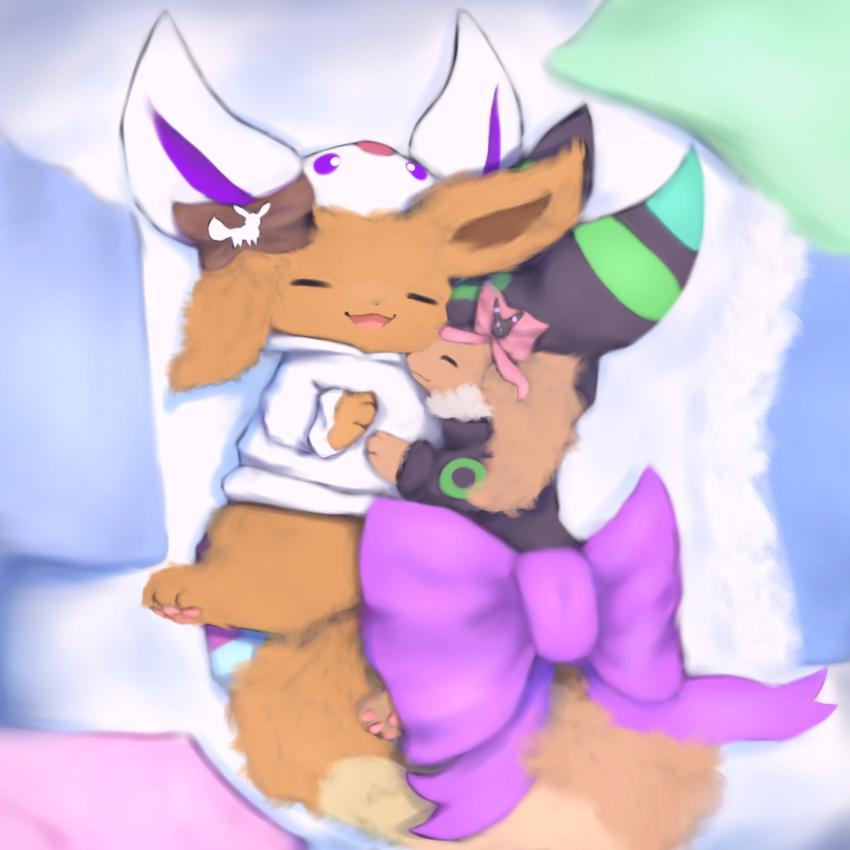 accessory clothed clothing costume cuddling duo eevee embrace eyes_closed fan_character feral fluffy fluffy_tail fur furgonomics hi_res mammal nintendo open_mouth pawpads paws pok&eacute;mon pok&eacute;mon_(species) ribbons snoiifoxxo tail_accessory tail_bow tail_ribbon video_games