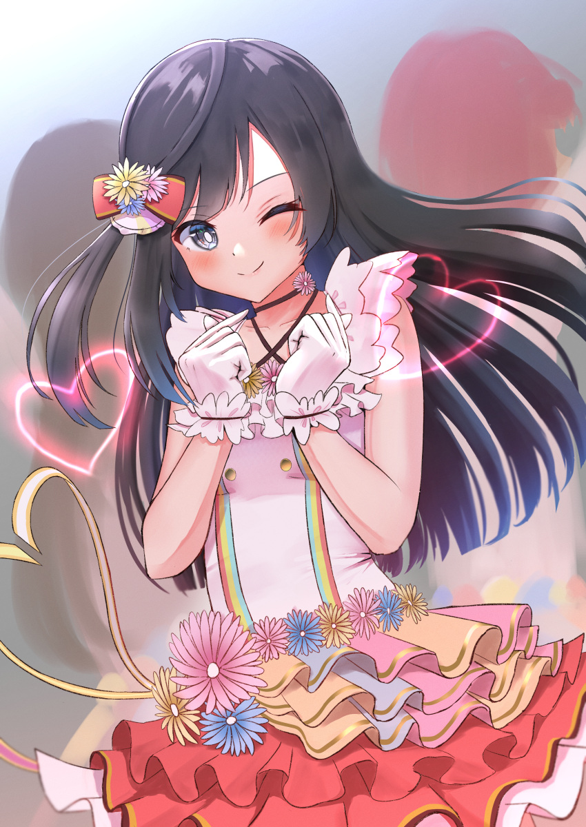1girl absurdres black_hair blush check_commentary collarbone commentary_request eyebrows_visible_through_hair flower grey_eyes hair_flower hair_ornament hair_ribbon heart highres long_hair looking_at_viewer love_live! love_live!_nijigasaki_high_school_idol_club one_eye_closed one_side_up panaham ribbon smile solo upper_body yuuki_setsuna_(love_live!)