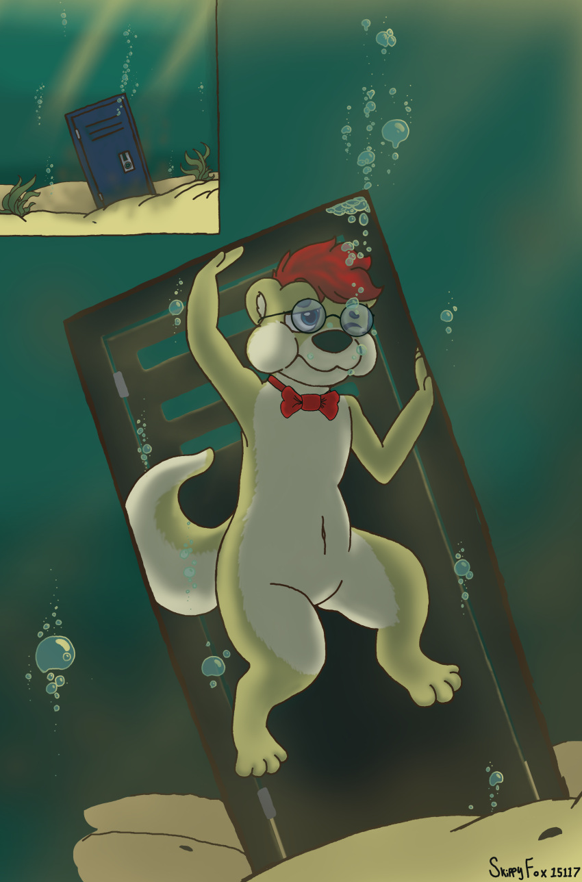 absurd_res air_bubble aka_the_otter anthro asphyxiation blue_eyes bow_tie bubble drowning eyebrows eyewear fur hair hi_res locker lutrine male mammal multicolored_body multicolored_fur mustelid nervous sand sea seaweed skippyfox15117 solo trapped two_tone_body two_tone_fur underwater water white_body white_fur yellow_body yellow_ears yellow_fur