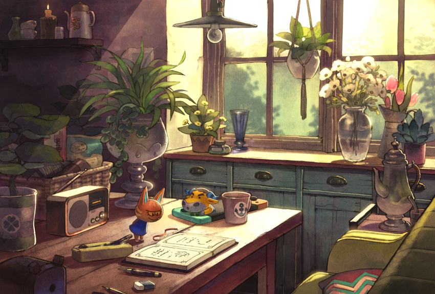 anchor_symbol animal_crossing basket bonsai book bull cabinet candle cat ceiling_light character_request couch cup cushion day eraser flower flower_pot furry hanging_plant highres indoors ink_bottle light_bulb nintendo_switch open_book pen pencil_case pencil_sharpener pillow pink_flower plant potted_plant shimada_kiyoka stereo sunlight tassel teapot tulip vase white_flower window windowsill wooden_table