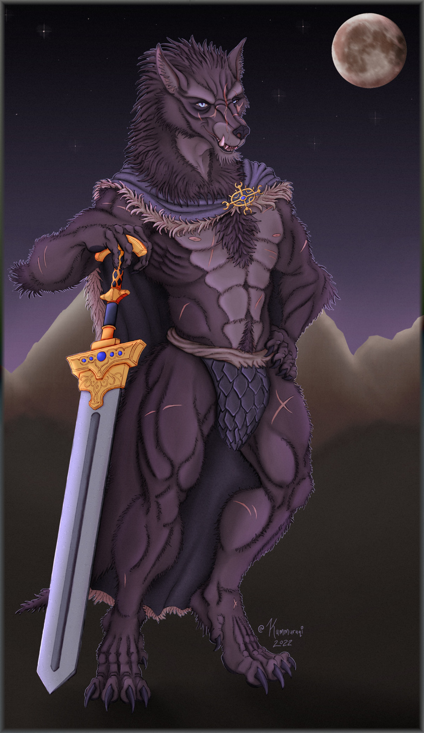anthro armor blaidd_(elden_ring) blue_eyes bottomwear brown_body brown_fur canid canine canis cape chest_tuft clothed clothing elden_ring fur greatsword hand_on_hip hand_on_sword hi_res kammuraqi loincloth male mammal melee_weapon moon muscular night nipples partially_clothed scar simple_background sky solo star sword tuft weapon wolf