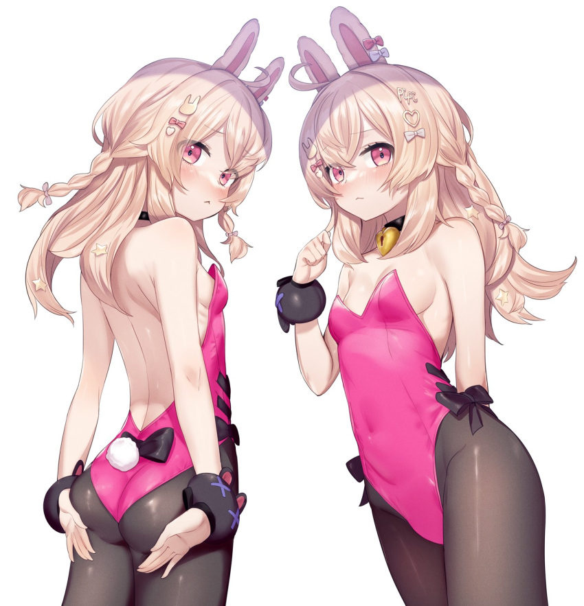 1girl alternate_costume animal_ears ass ass_support backless_leotard bell black_bow black_collar black_legwear blush bow braid breasts cleavage collar commission covered_navel embarrassed hair_bow highres leotard looking_at_viewer looking_back minutachi multiple_views neck_bell pantyhose phase_connect pink_eyes pink_leotard pipkin_pippa rabbit_ears rabbit_girl side_braid skeb_commission small_breasts virtual_youtuber white_background white_bow