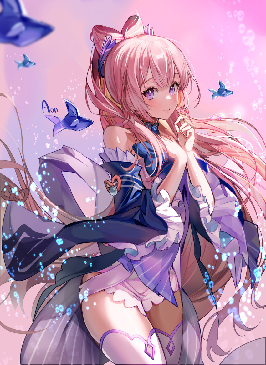 1girl a_(sofi3103) absurdres air_bubble artist_name bangs beads bow_by_hair bubble cowboy_shot detached_collar detached_sleeves dress fish frilled_sleeves frills genshin_impact hand_on_own_chest hands_up head_wings highres long_hair looking_at_viewer pink_background pink_hair purple_eyes sangonomiya_kokomi short_dress smile solo submerged thighhighs very_long_hair white_legwear wide_sleeves wing_hair_ornament