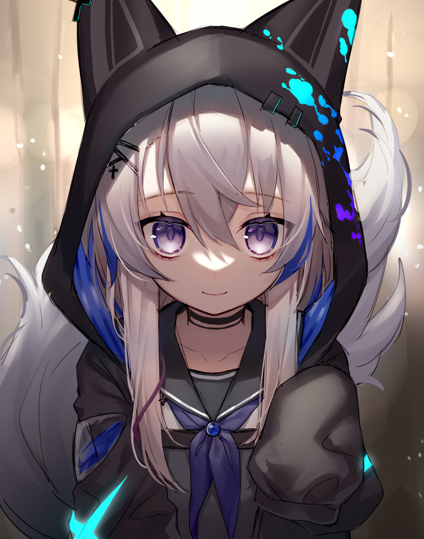 1girl animal_ears animal_hood bangs black_choker black_jacket black_sailor_collar blue_neckwear choker closed_mouth collarbone commentary_request eyebrows_visible_through_hair fake_animal_ears fox_ears fox_girl fox_hood fox_tail grey_hair grey_shirt hair_between_eyes highres hood hood_up hooded_jacket jacket long_sleeves looking_at_viewer miyayoki open_clothes open_jacket original puffy_long_sleeves puffy_sleeves purple_eyes sailor_collar shirt sleeves_past_fingers sleeves_past_wrists smile solo tail upper_body