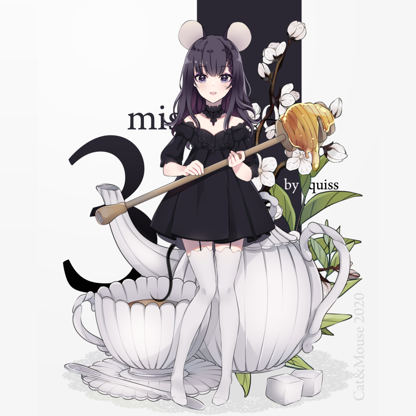1girl :d absurdres animal_ears bangs bare_shoulders black_dress black_hair braid cup dress eyebrows_visible_through_hair garter_straps grey_background highres holding honey honey_dipper long_hair looking_at_viewer minigirl mouse_ears mouse_girl mouse_tail no_shoes off-shoulder_dress off_shoulder original puffy_short_sleeves puffy_sleeves purple_eyes quiss saucer short_sleeves smile solo standing tail teacup teapot teeth thighhighs upper_teeth white_legwear