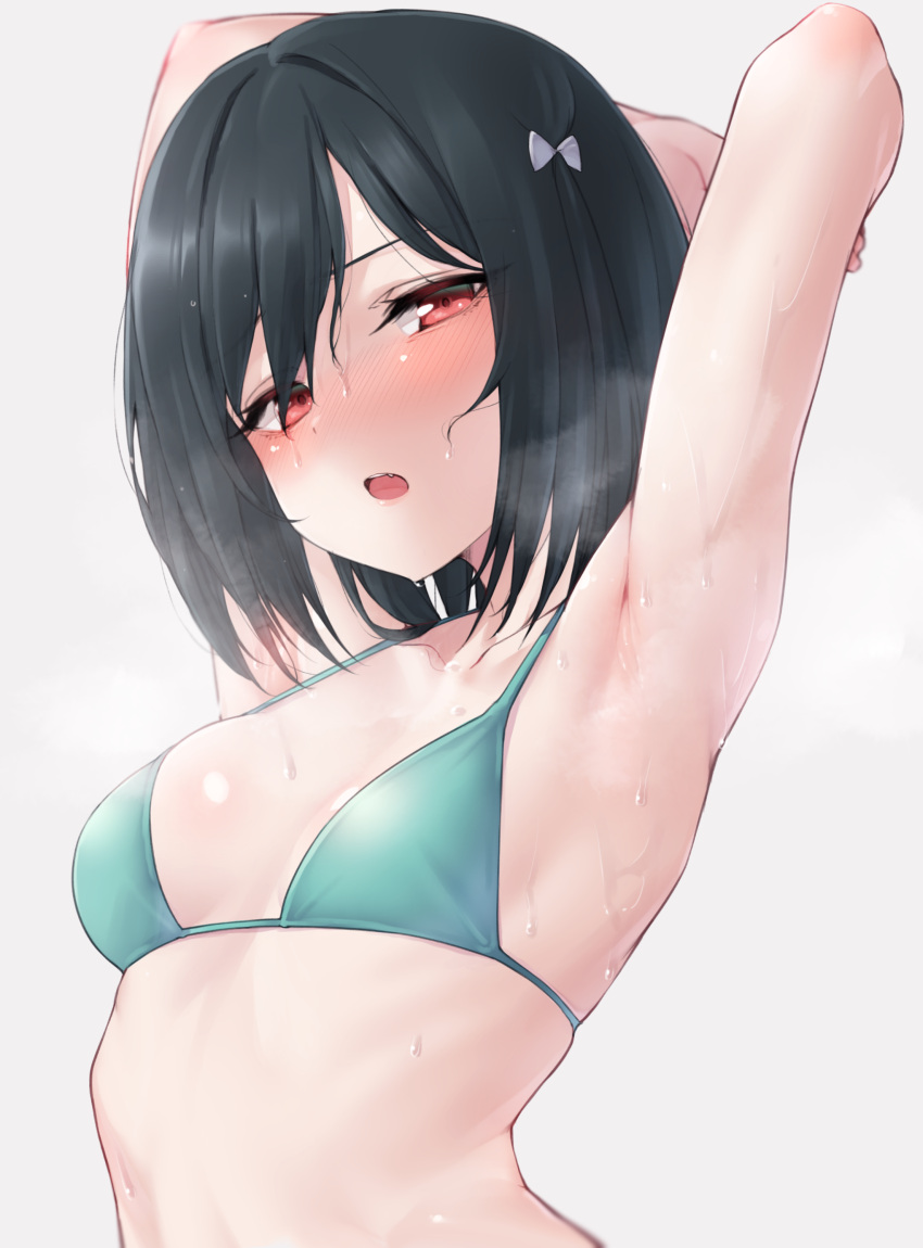 1girl :o absurdres aqua_bikini arched_back armpits arms_behind_head arms_up bangs bare_arms bare_shoulders bikini black_hair blurry blush bow breasts collarbone commentary_request depth_of_field fang grey_background hair_between_eyes hair_bow halter_top halterneck highres looking_at_viewer love_live! love_live!_nijigasaki_high_school_idol_club medium_breasts mifune_shioriko nasuno_(nasuno42) nose_blush open_mouth red_eyes short_hair simple_background solo steaming_body string_bikini sweat swimsuit teeth upper_body upper_teeth wet wet_hair white_bow