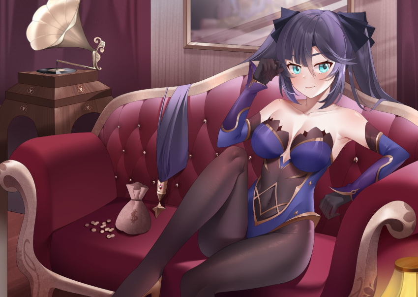 1girl bangs bare_shoulders black_gloves black_hair black_legwear blue_leotard blush breasts closed_mouth collarbone couch covered_navel detached_sleeves feet_out_of_frame genshin_impact gloves gold_trim green_eyes hair_between_eyes hair_ornament hand_up highres kemile knee_up leotard long_hair medium_breasts mona_(genshin_impact) money no_hat no_headwear pantyhose phonograph picture_frame pouch sitting solo star_(symbol) star_hair_ornament twintails very_long_hair