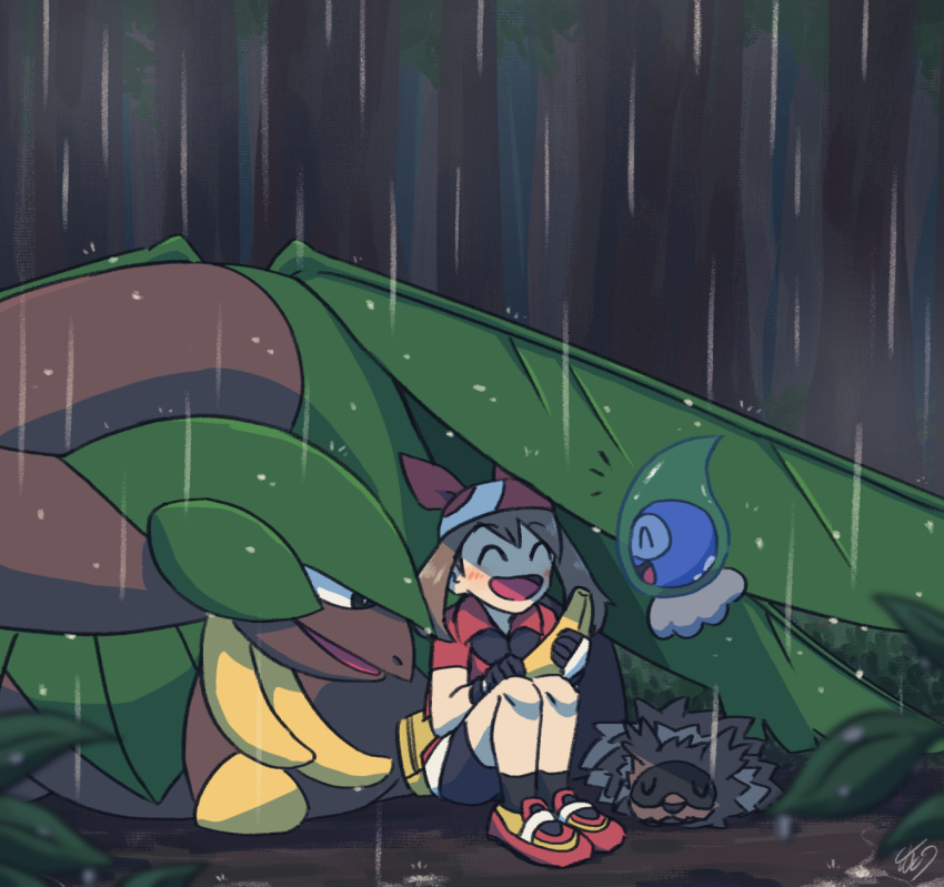 1girl banana bandana castform castform_(rainy) food fruit gloves happy highres may_(pokemon) mutou610 outdoors pokemon pokemon_(creature) pokemon_(game) pokemon_rse rain sitting sleeping tropius zigzagoon