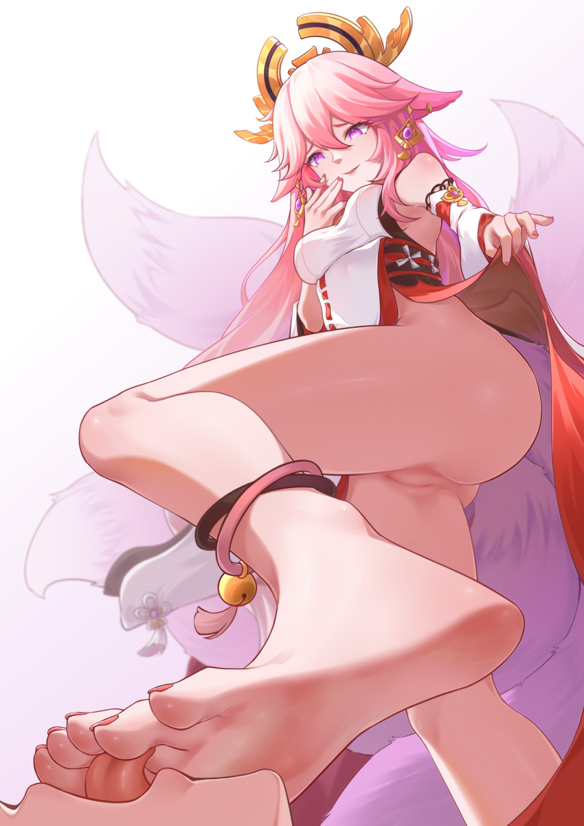 1girl absurdres animal_ears anklet bare_legs bare_shoulders barefoot breasts chan_sang cleft_of_venus clothes_lift commentary_request detached_sleeves diamond-shaped_pupils diamond_(shape) dress feet foot_focus fox_ears fox_girl fox_tail from_below genshin_impact hair_between_eyes hair_ornament hand_up highres jewelry legs licking licking_foot lifted_by_self long_hair looking_at_viewer medium_breasts multiple_tails nail_polish no_panties pelvic_curtain pink_hair pink_nails purple_eyes pussy sadism simple_background smile soles solo_focus standing symbol-shaped_pupils tail toenail_polish toenails toes tongue tongue_out uncensored white_background white_dress wide_sleeves yae_miko