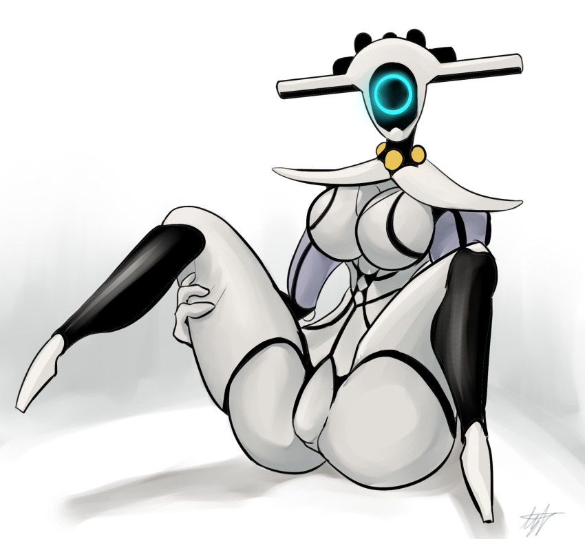 anthro artdemonslair breasts clothed clothing female genitals glowing glowing_eyes hi_res humanoid looking_at_viewer lying machine on_back pose presenting presenting_pussy pussy robot robot_humanoid simple_background solo spread_legs spreading thick_thighs