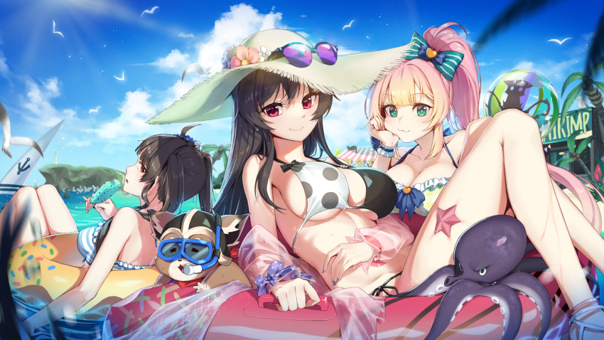 3girls :3 absurdres ahoge ball bangs bare_legs bare_shoulders beachball bikini bird black_hair blonde_hair blue_sky blunt_bangs bow breasts chii_aruel closed_mouth cloud day eyebrows_visible_through_hair eyewear_on_headwear flower food frilled_bikini frills gradient_hair green_bow green_eyes hair_bow halter_top halterneck hat hat_flower highres holding holding_food innertube iris_yuma large_breasts lily_bloomerchen long_hair looking_at_viewer looking_back lying multicolored_hair multiple_girls nail_polish ocean octopus on_back outdoors parted_lips penguin_say pink_hair ponytail popsicle purple_nails red_eyes scrunchie see-through sky smile soul_worker starfish string_bikini striped striped_bikini striped_bow sun_hat sunglasses swimsuit two-tone_bikini water wet wrist_scrunchie