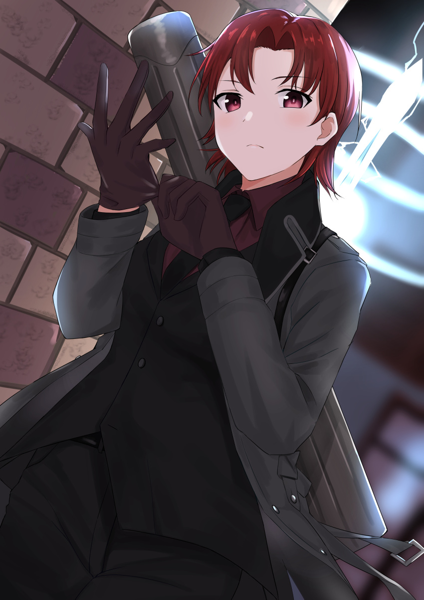 1girl absurdres bangs bazett_fraga_mcremitz black_jacket black_necktie black_pants black_suit blush breasts brown_gloves coat collared_shirt dress_shirt fate/grand_order fate_(series) formal gloves grey_coat highres jacket large_breasts long_sleeves looking_at_viewer manannan_mac_lir_(fate) mole mole_under_eye necktie open_clothes open_coat pants parted_bangs red_eyes red_hair red_shirt shirt short_hair solo suit thighs xiuge
