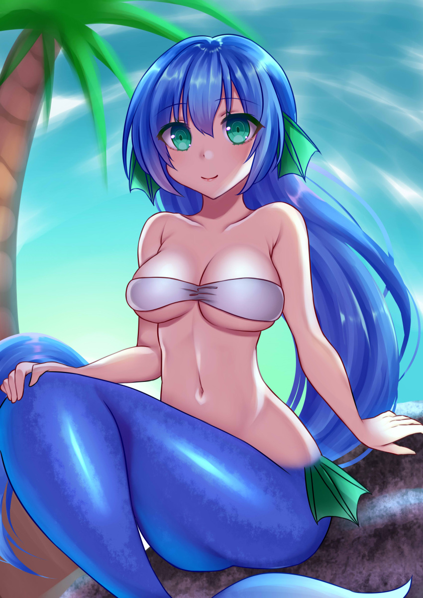 1girl absurdres bandeau bangs blue_eyes blue_hair breasts cleavage collarbone commentary_request eyebrows_visible_through_hair fins green_eyes hair_between_eyes head_fins highres large_breasts long_hair madou_monogatari mermaid monster_girl navel palm_tree puyopuyo serilly_(puyopuyo) shiny shiny_hair shiny_skin sitting smile solo tree uissu very_long_hair