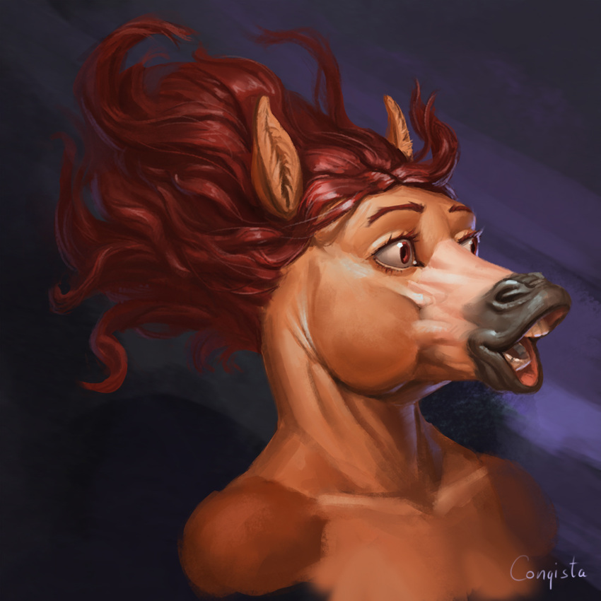 2019 anthro brown_body brown_fur brown_hair bust_portrait conqista equid equine fur hair horse humor male mammal meme open_mouth pogchamp portrait reaction_image signature solo