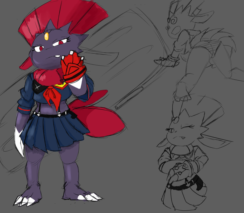 anthro black_body bottomwear butt clothed clothing cosplay dizzy feathers female fully_clothed gloves handwear hi_res kill_la_kill nintendo panties pok&eacute;mon pok&eacute;mon_(species) red_body red_feathers senketsu sketch skirt solo studio_trigger underwear unknown_artist upskirt video_games weavile