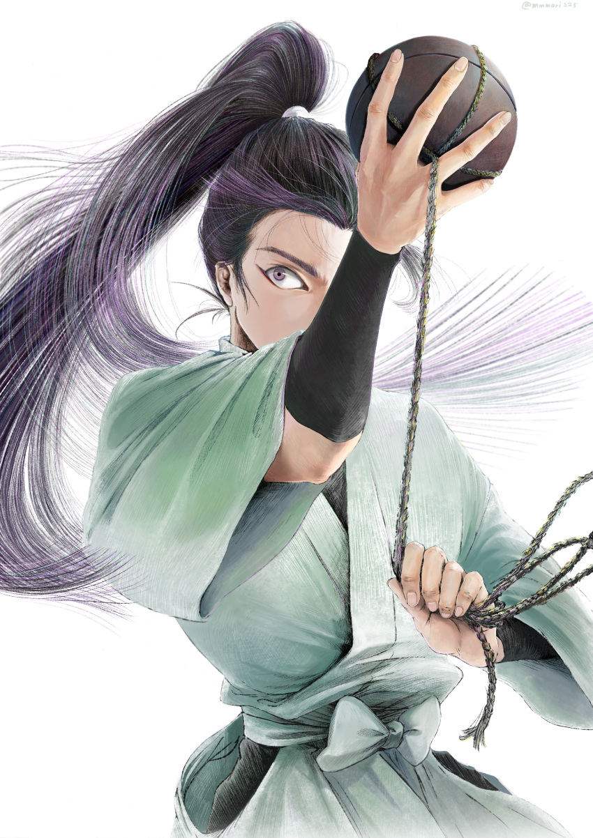 1boy arm_guards ball_and_chain_(weapon) between_fingers bow chain covered_mouth explosive floating_hair furrowed_brow hand_up highres holding holding_weapon japanese_clothes long_hair long_sleeves looking_away looking_up male_focus mememe225 one_eye_covered ponytail purple_eyes purple_hair rakudai_ninja_rantarou sideways_glance simple_background solo straight_hair tachibana_senzou upper_body very_long_hair weapon white_background