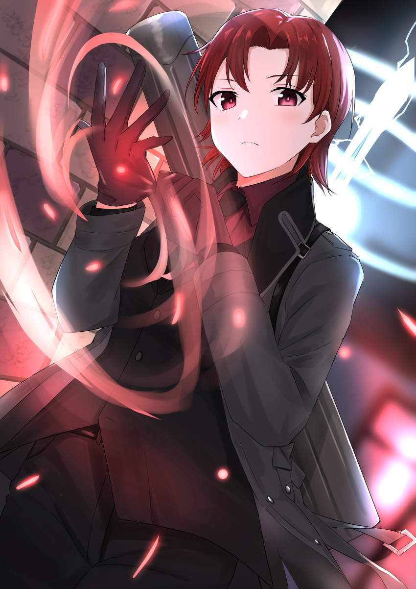 1girl absurdres bangs bazett_fraga_mcremitz black_jacket black_necktie black_pants black_suit blush breasts brown_gloves coat collared_shirt dress_shirt fate/grand_order fate_(series) formal gloves grey_coat highres jacket large_breasts long_sleeves looking_at_viewer manannan_mac_lir_(fate) mole mole_under_eye necktie open_clothes open_coat pants parted_bangs red_eyes red_hair red_shirt shirt short_hair solo suit thighs xiuge