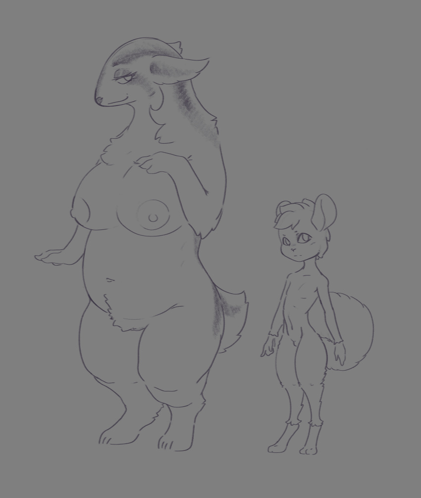 absurd_res anthro badger big_breasts breasts chinchilla chinchillid duo female hi_res larger_female male male/female mammal mustelid musteline rodent size_difference slightly_chubby smaller_male spacerobin standing