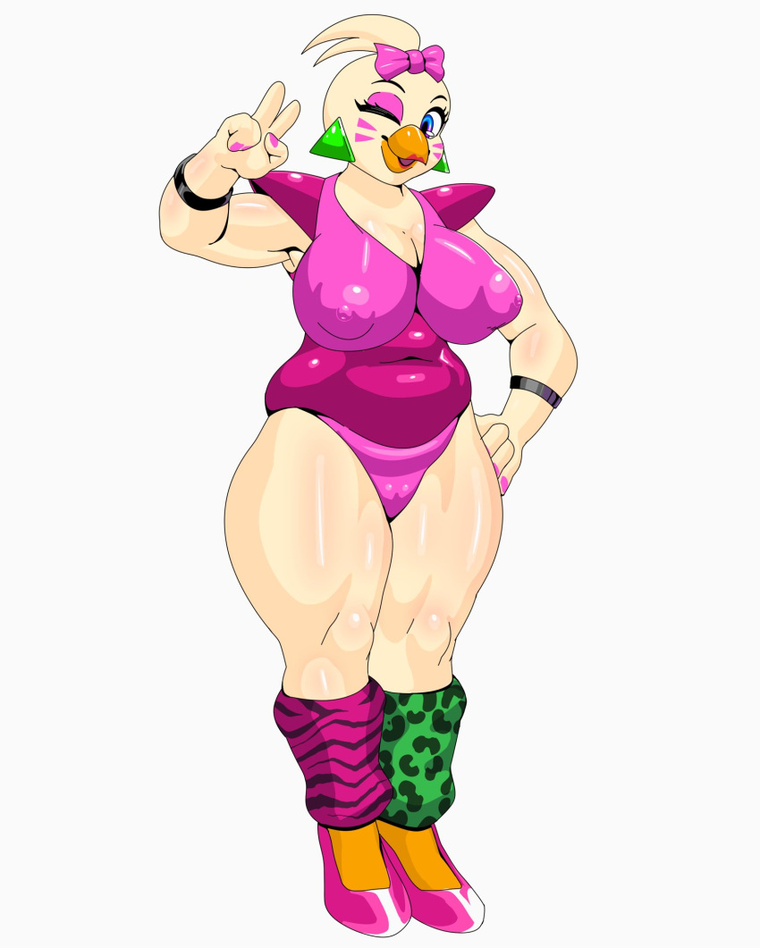 anthro avian big_breasts bird breasts clothed clothing female five_nights_at_freddy's five_nights_at_freddy's:_security_breach footwear gesture glamrock_chica_(fnaf) hi_res nipple_outline scottgames shoes simple_background solo thick_thighs thugji3 v_sign video_games white_background