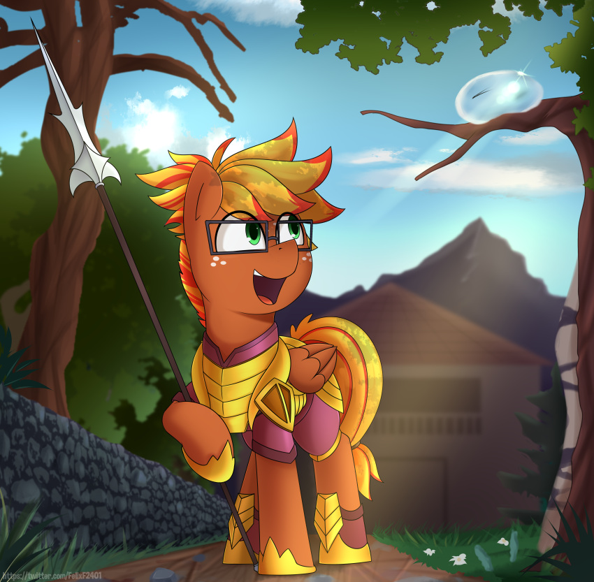 absurd_res armor blaze_fury_(oc) detailed_background equid equine eyewear felixf feral freckles friendship_is_magic glasses goo_creature hasbro hi_res male mammal my_little_pony pegasus slimey_(oc) smile solo weapon wings