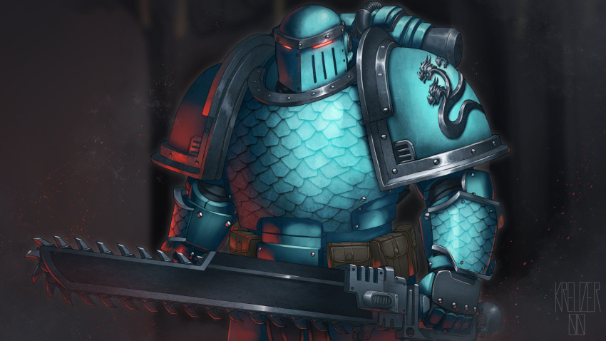 absurdres armor blue_armor blue_headwear breastplate chainsword chaos_space_marine helmet highres hydra kreuzer_00 pauldrons power_armor red_eyes scales shoulder_armor twitter_username warhammer_40k