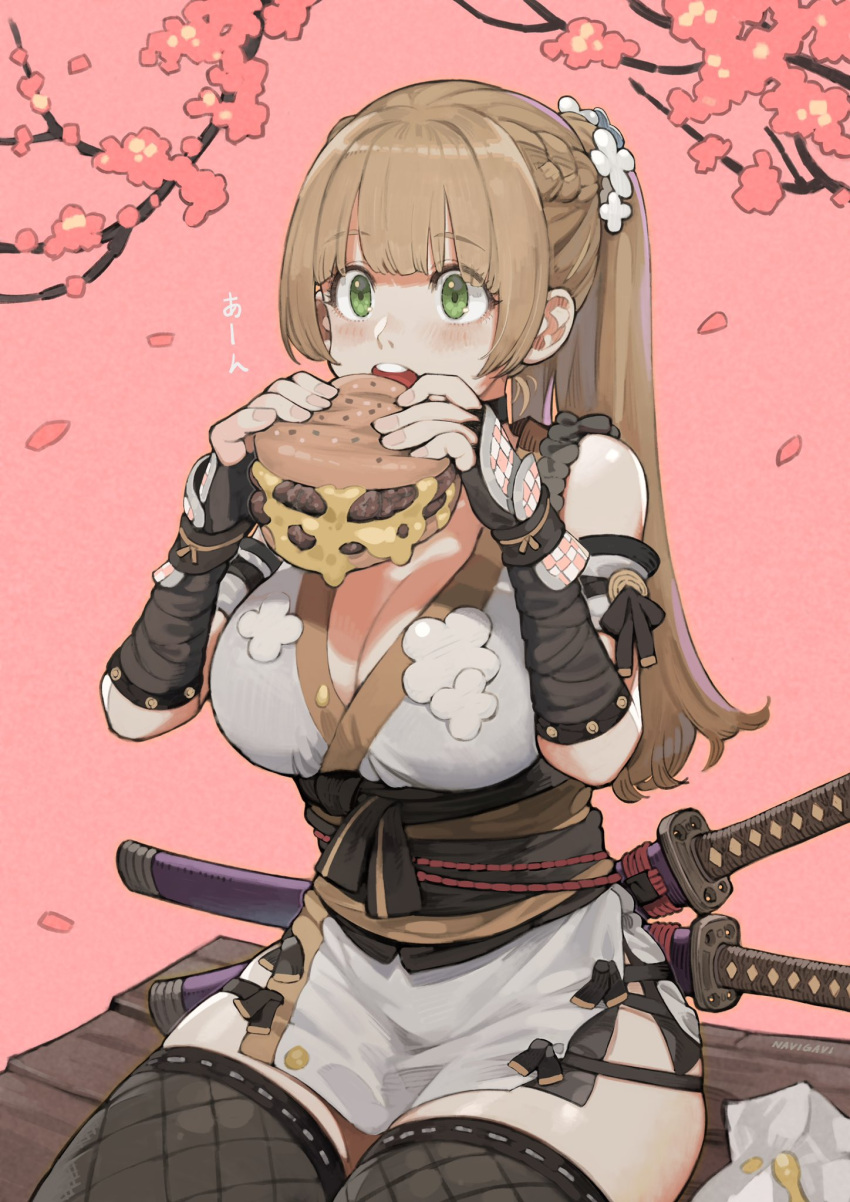1girl armband bench braid branch breasts burger cheese cherry_blossoms cleavage commentary commission dripping eating english_commentary eyebrows_visible_through_hair fingerless_gloves fishnet_legwear fishnets flower food food_on_clothes gauntlets gloves hair_flower hair_ornament highres holding holding_food japanese_clothes jun_(seojh1029) katana kimono large_breasts long_hair ninja original pelvic_curtain pink_background ponytail sheath sheathed short_kimono signature sitting skeb_commission sleeveless solo sword thighhighs weapon
