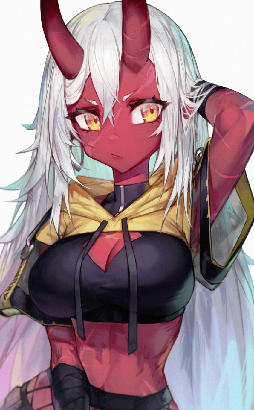 1girl absurdres akumi_(yoclesh) bangs breasts cleavage cleavage_cutout clothing_cutout colored_skin crop_top cropped_hoodie hair_between_eyes hand_in_own_hair highres hood hoodie horns jin_grey_paladin leaning_to_the_side long_hair looking_away medium_breasts midriff navel non-web_source oni_horns red_skin scar short_eyebrows short_sleeves sideways_glance solo upper_body v-shaped_eyebrows very_long_hair virtual_youtuber vyugen white_background white_hair yellow_hoodie