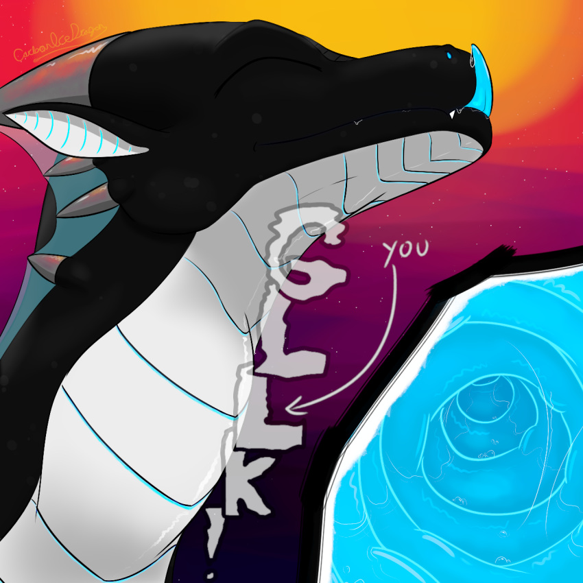 1:1 black_body blue_insides blue_tongue bodily_fluids carbonicedragon cutaway dragon dripping english_text eyes_closed feral hi_res internal neck_bulge onomatopoeia saliva saliva_drip scalie solo sound_effects sunset swallowing text tongue tongue_out vore western_dragon white_neck