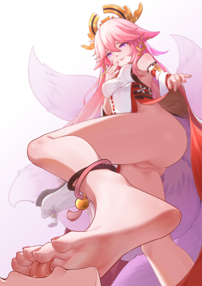 1girl absurdres animal_ears anklet bare_legs bare_shoulders barefoot blurry blurry_background breasts chan_sang cleft_of_venus clothes_lift commentary_request depth_of_field detached_sleeves diamond-shaped_pupils diamond_(shape) dress feet foot_focus fox_ears fox_girl fox_tail from_below genshin_impact hair_between_eyes hair_ornament hand_up highres jewelry legs licking licking_foot lifted_by_self long_hair looking_at_viewer medium_breasts multiple_tails nail_polish no_panties pelvic_curtain pink_hair pink_nails purple_eyes pussy sadism simple_background smile soles solo_focus standing symbol-shaped_pupils tail toenail_polish toenails toes tongue tongue_out uncensored white_background white_dress wide_sleeves yae_miko