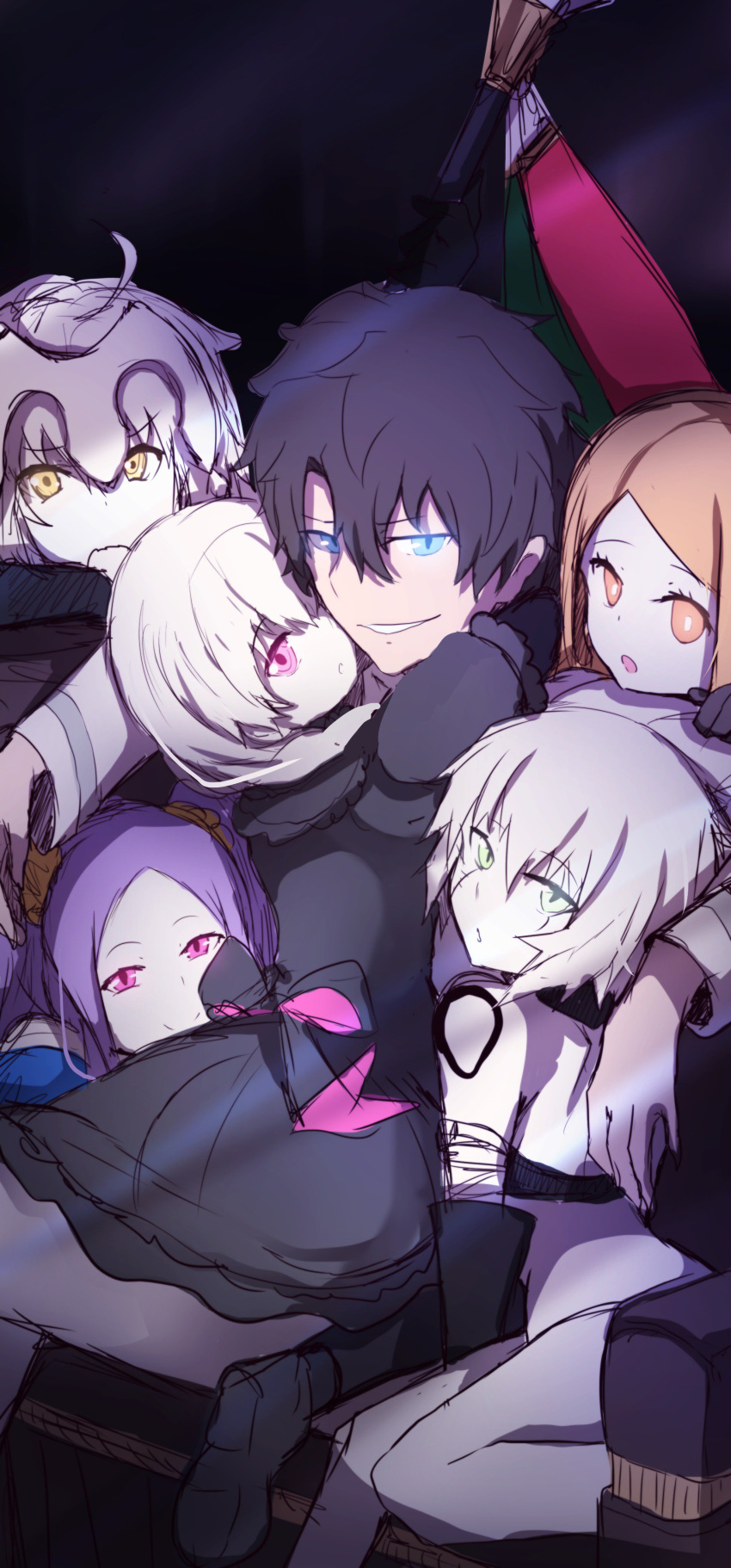 1boy 5girls absurdres bad_id bad_pixiv_id black_hair blue_eyes fate/grand_order fate/stay_night fate_(series) fujimaru_ritsuka_(male) glowing glowing_eyes green_eyes highres jack_the_ripper_(fate/apocrypha) jeanne_d'arc_(fate) jeanne_d'arc_alter_(fate) jeanne_d'arc_alter_santa_lily_(fate) multiple_girls nursery_rhyme_(fate) orange_eyes orange_hair paul_bunyan_(fate) pink_eyes purple_hair wada_kazu white_hair wu_zetian_(fate) yellow_eyes