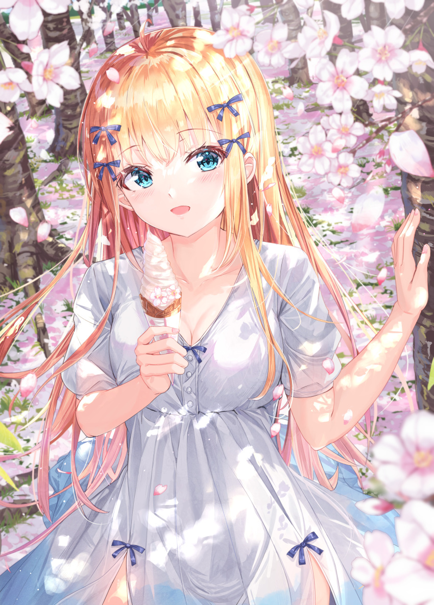 1girl absurdres bangs blonde_hair blue_eyes blue_ribbon breasts cherry_blossoms cherry_tree cleavage collarbone dress eyebrows_visible_through_hair falling_petals food hair_ribbon highres ice_cream ice_cream_cone long_hair looking_at_viewer na_kyo open_mouth original outdoors petals ribbon short_sleeves solo white_dress